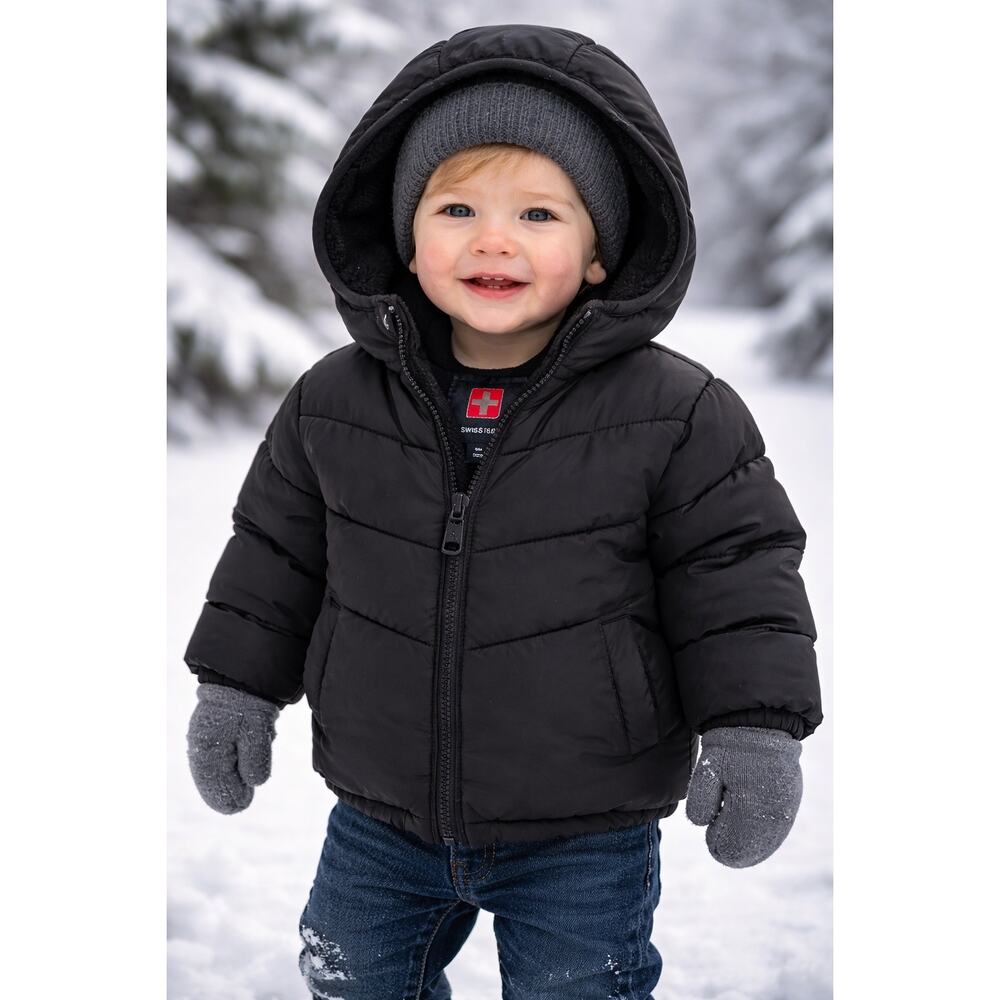 SwissTech Toddler Black Puffer Jacket with Hood | Size 18M | Warm Winter Coat